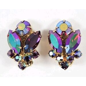 Purple AB Rhinestone Navette Vintage Clip-on Earrings